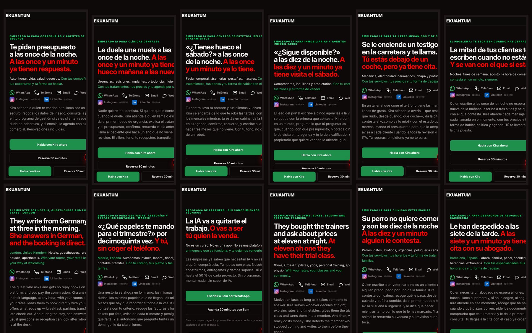 Twelve real Ekuantum landing pages seen on mobile