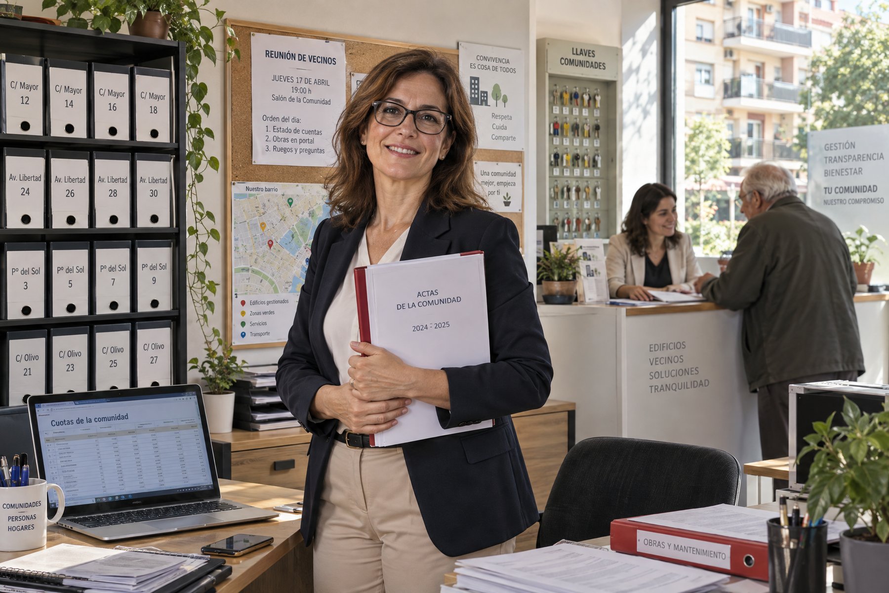 Una administradora de fincas en su despacho, atendiendo a un vecino