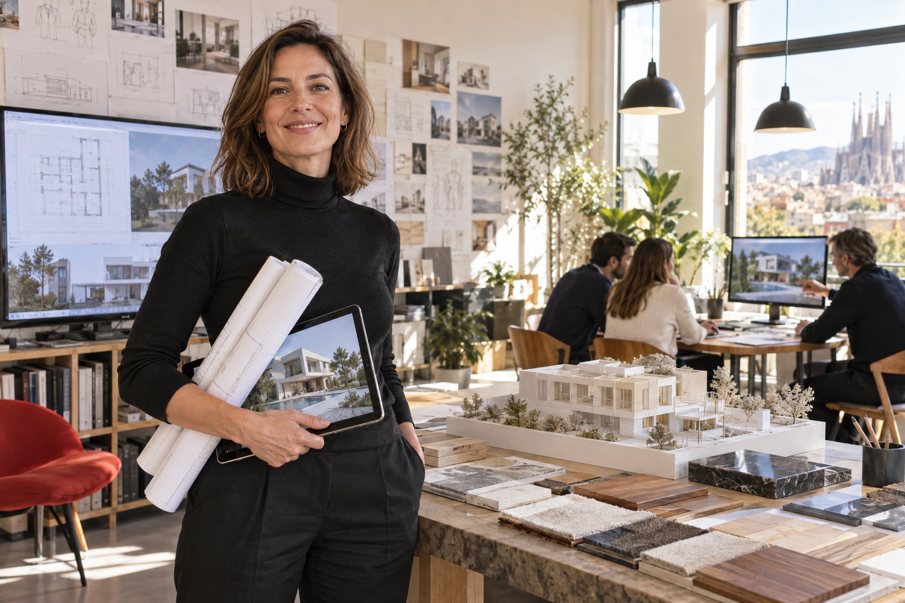 Una arquitecta en su estudio con maquetas y muestras de materiales