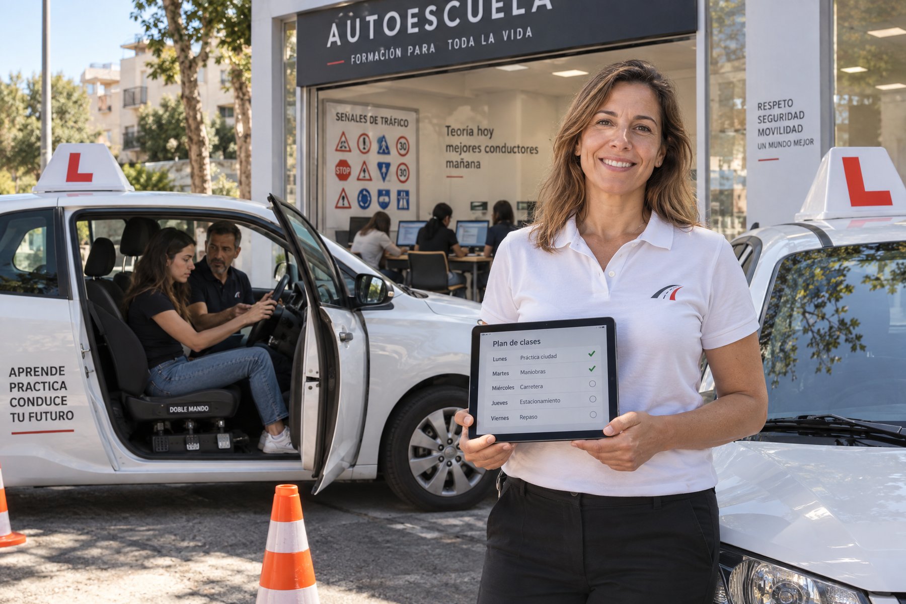 Una profesora de autoescuela junto a un coche de prácticas