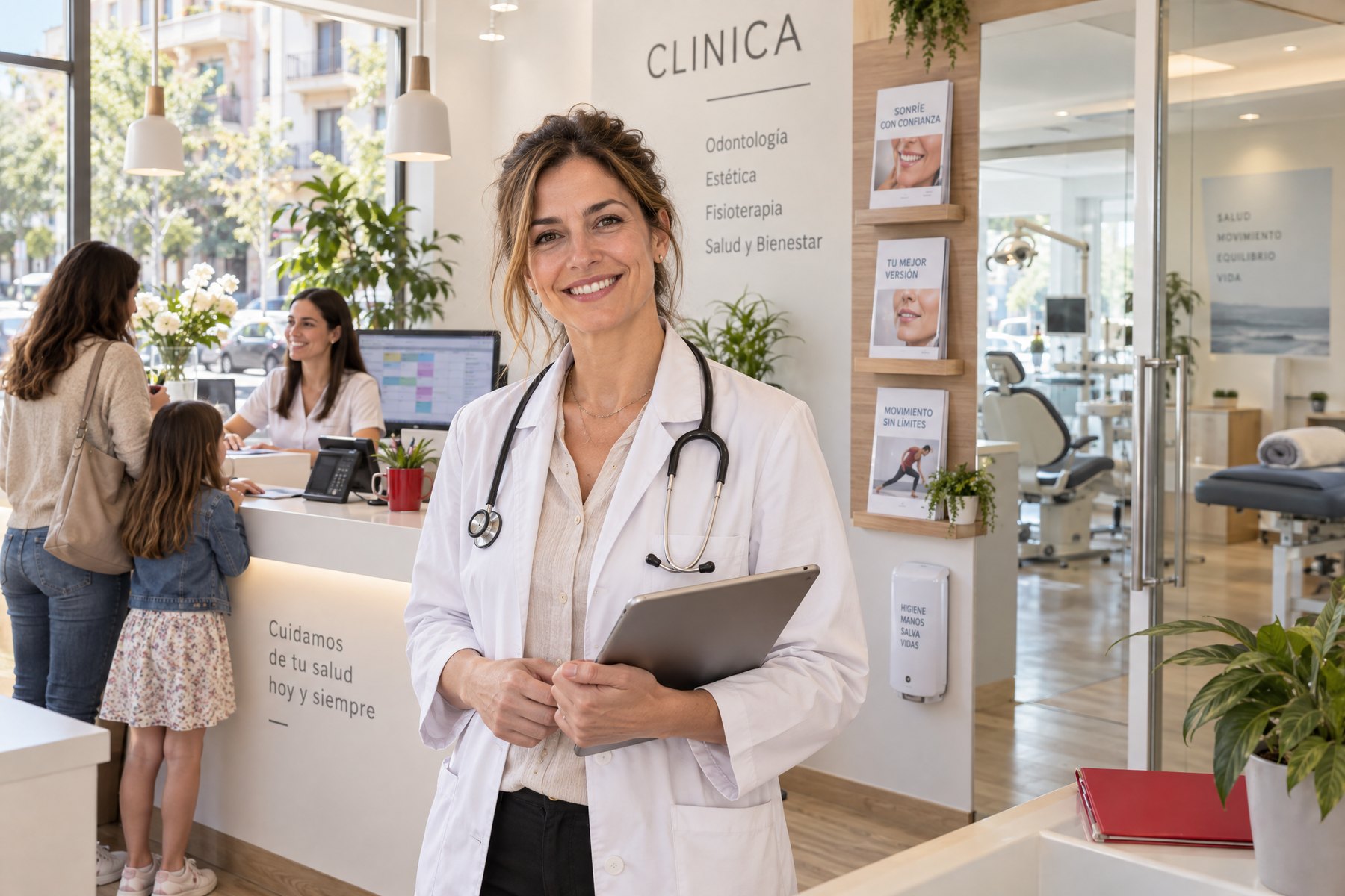 La directora de una clínica en su recepción, con los pacientes atendidos