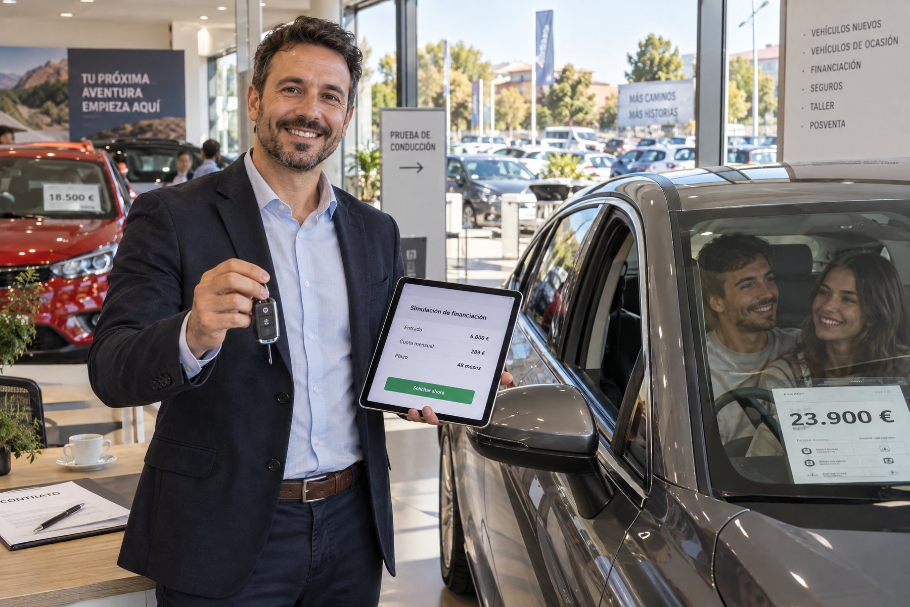 Un vendedor de coches en el concesionario, con una pareja probando un coche al fondo