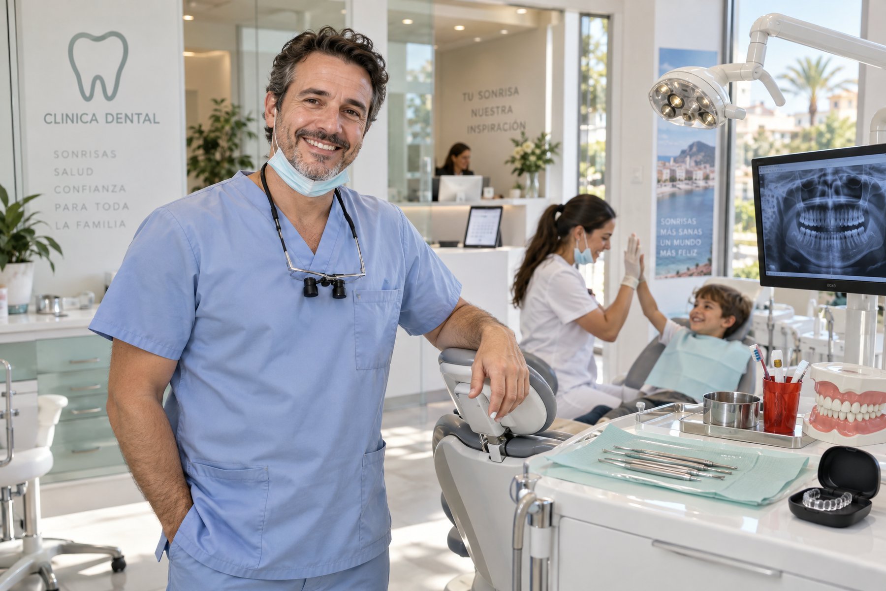 Un dentista junto a su sillón, con un paciente pequeño contento al fondo
