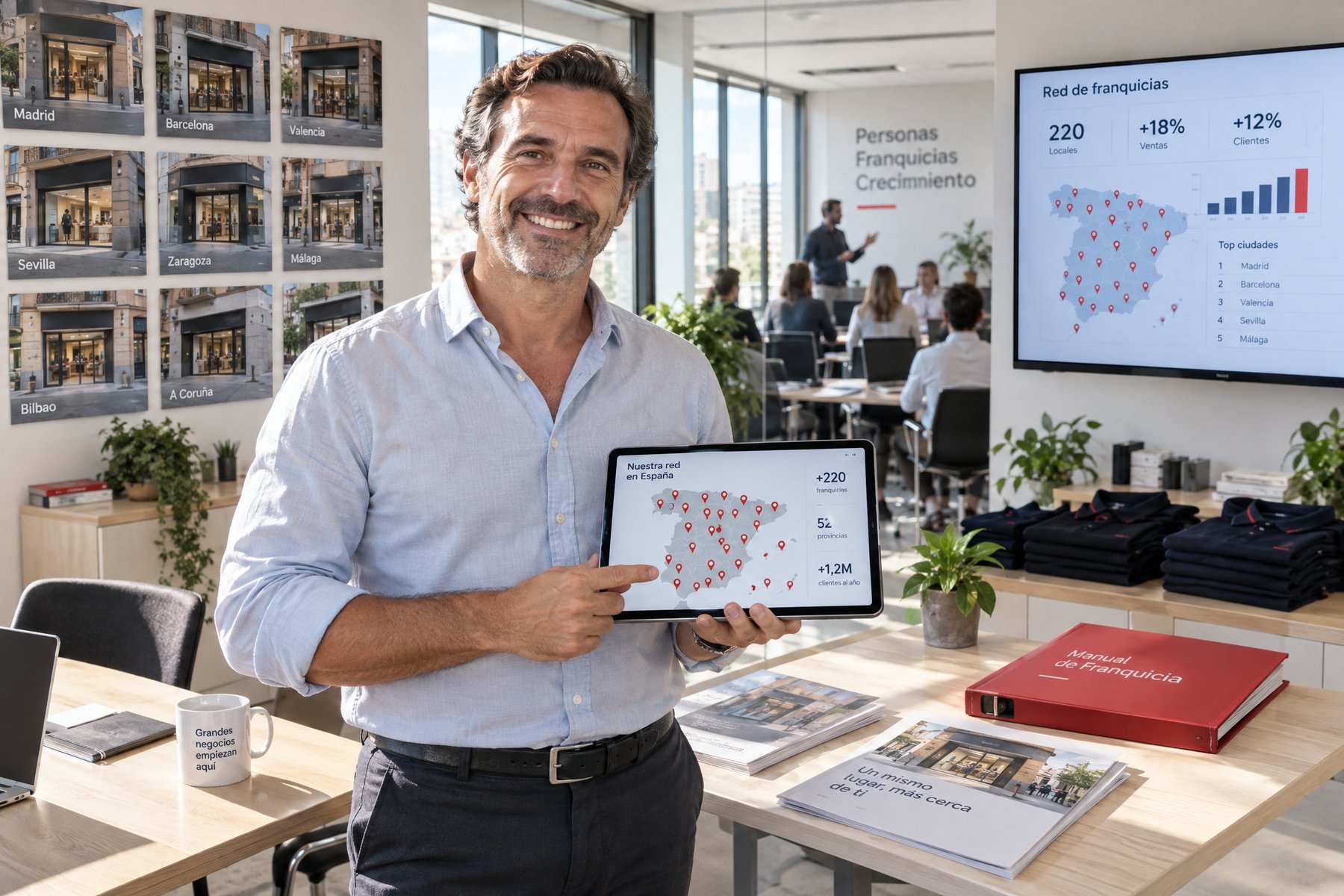 El director de una red de franquicias en la central, con el mapa de locales