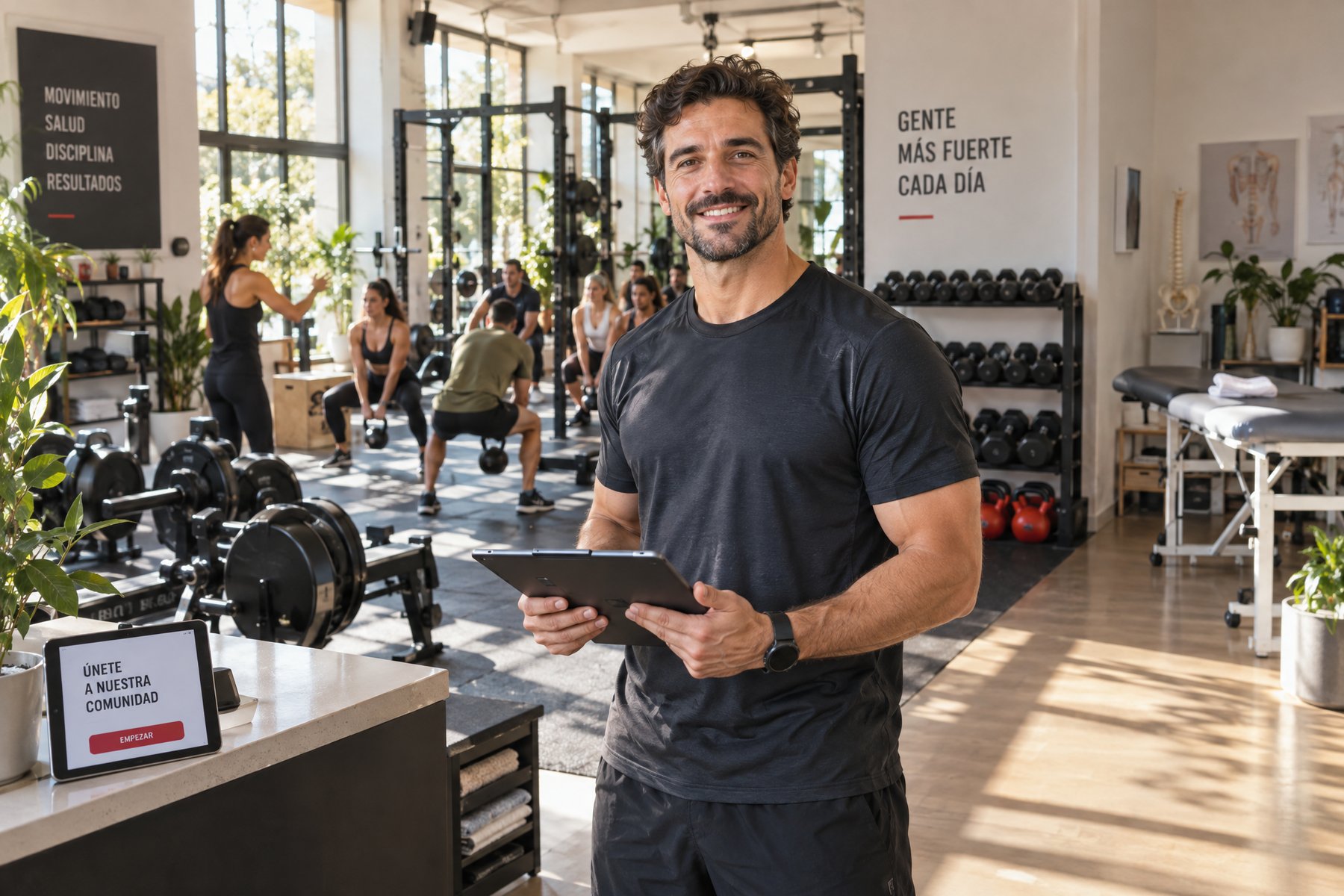 El dueño de un gimnasio en la sala, con una clase en marcha al fondo