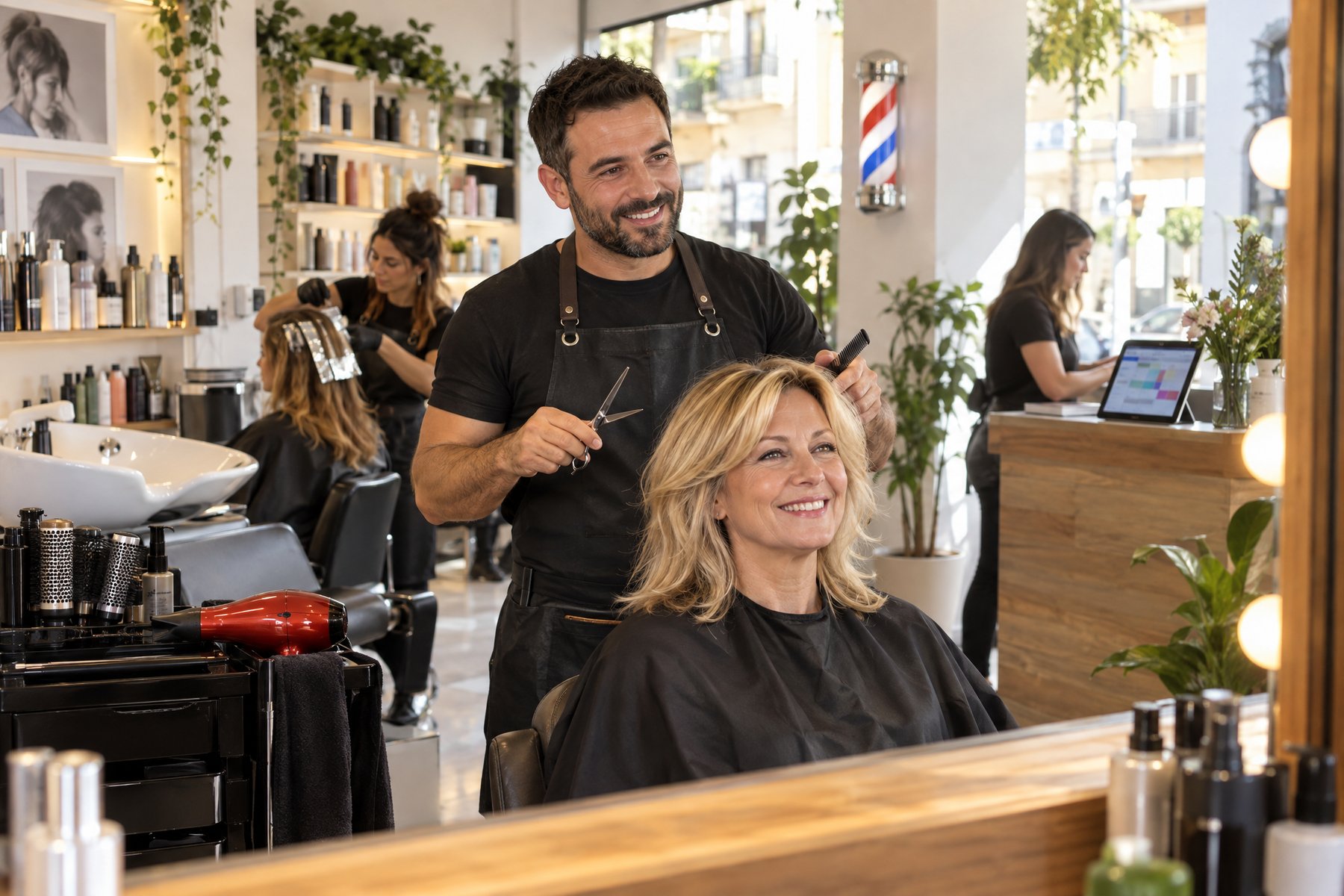 Un peluquero con un cliente contento en su salón luminoso