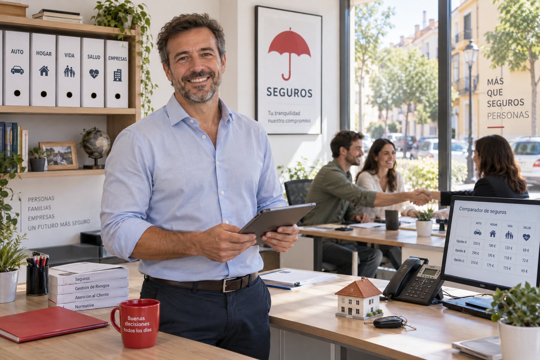 Un mediador de seguros en su oficina, con sus clientes atendidos
