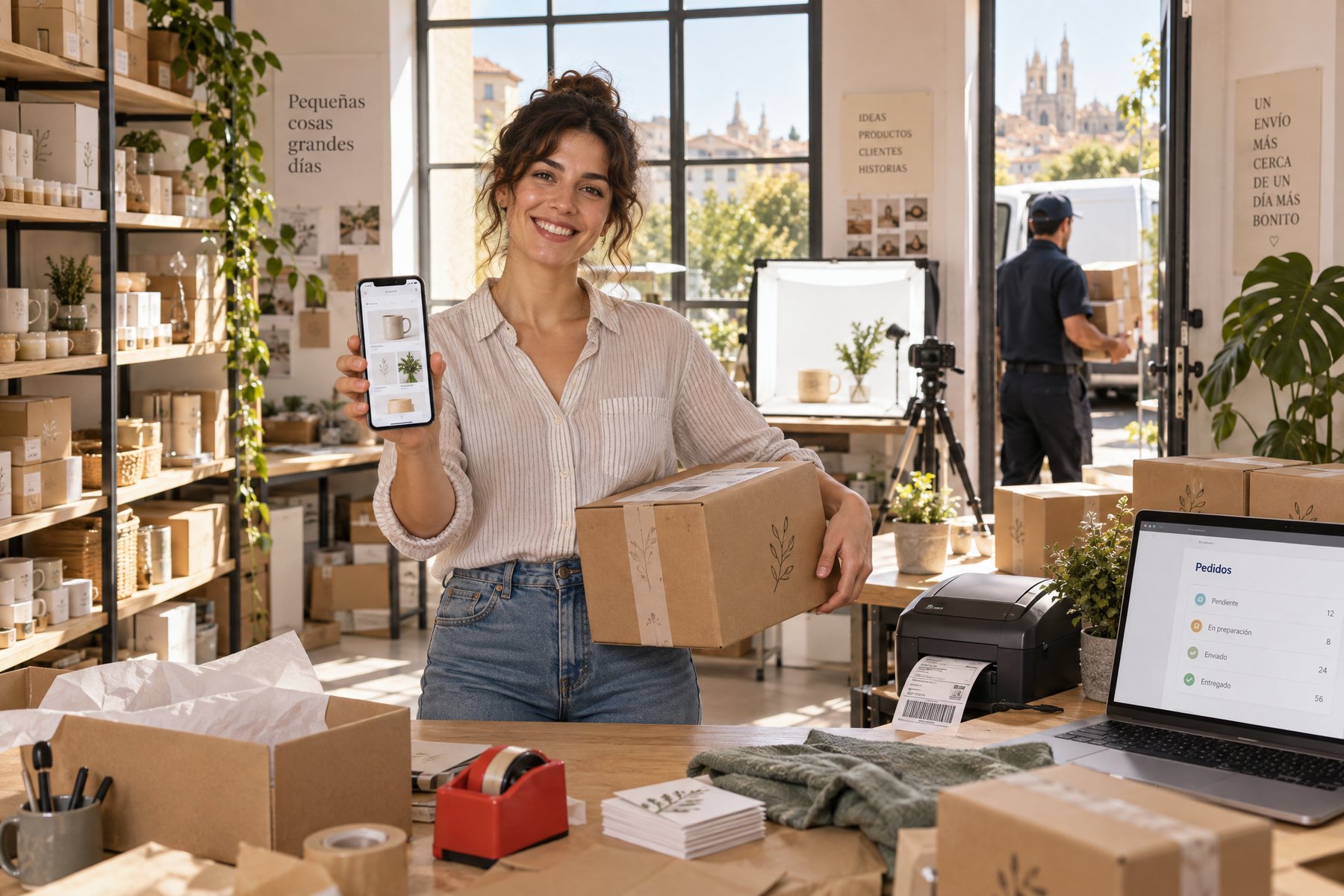 The owner of an online store in her warehouse, with orders ready to ship