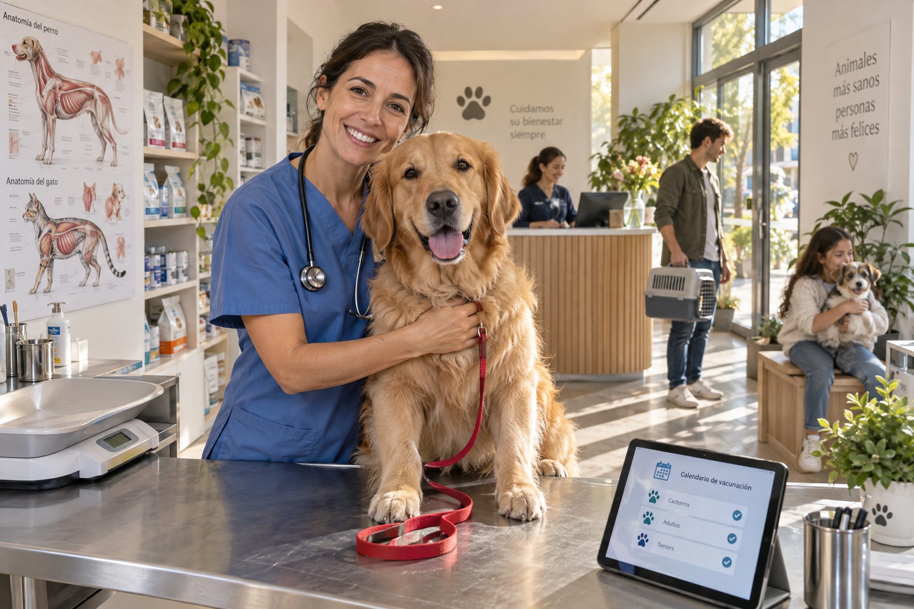 Una veterinaria en su consulta con un perro contento