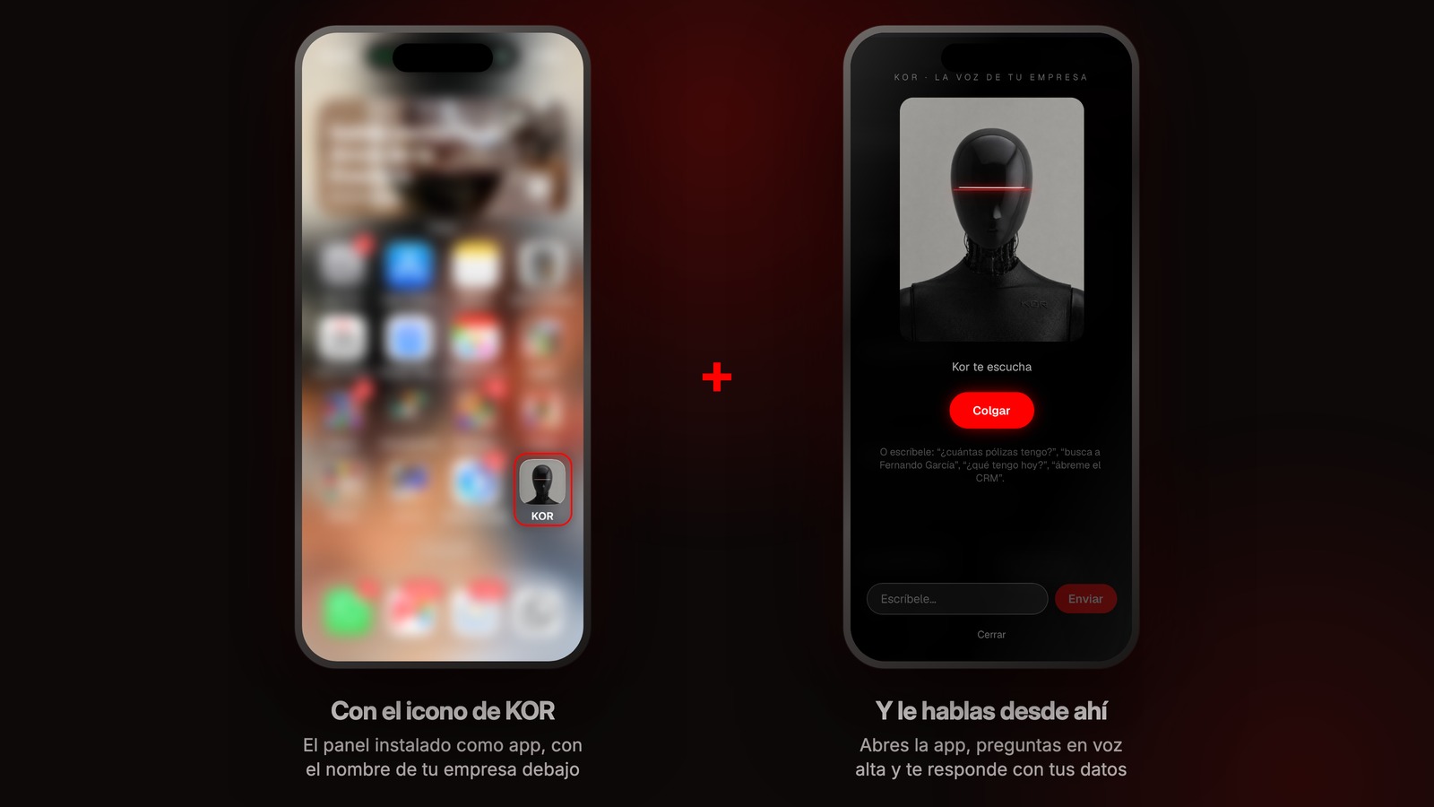 Dos móviles: en uno el icono de KOR en la pantalla de inicio, en el otro KOR escuchando
